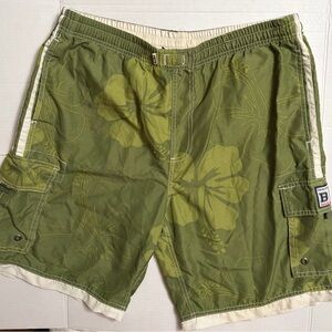 Basix Green Hibiscus Floral Cargo Swim Trunks Board Shorts size L